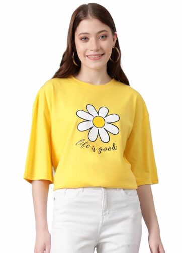 KOTTY Women's Oversized Cotton Blend Printed T-Shirt | Half Sleeve Casual Graphic Tee for Womens